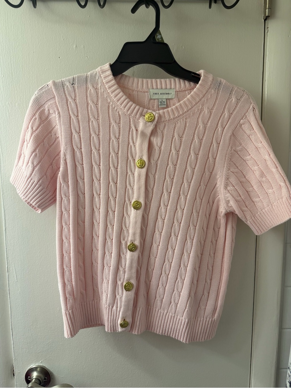 Short-Sleeve Cable-Knit Cardigan Sweater - Pink Never Worn